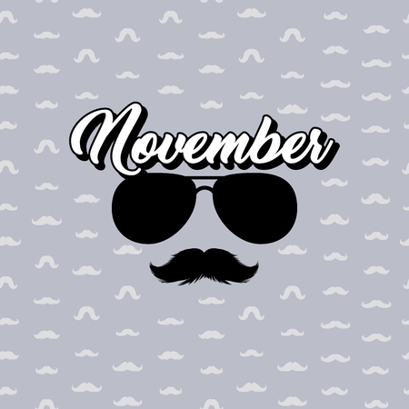 Moustaches and Sunglasses Mans Face Poster. Silhouette and Hand Drawn Lettering with word November. Cinco de Mayo Paper Cutting Design. Mustache for Barbershop or Mexican Carnivalの写真素材