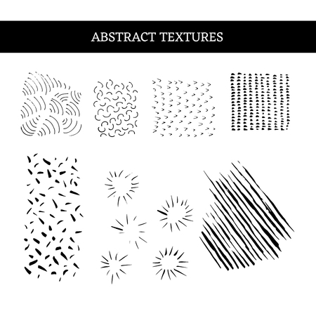 Grunge abstract textures set. Line, dots and check mark drawings. Black patterns collection. Simple hand drawn geometric shapes. Poster, banner, cover design elements. Isolated vector illustrationsのイラスト素材