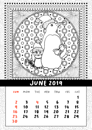 Christmas penguin with gift, calendar June 2019, Northern Mom bird with baby wish Merry Christmas and Happy New Year. Black and white mono linear coloring book page. Illustration in doodle styleのイラスト素材