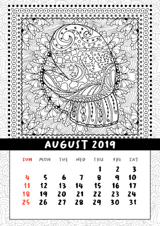 Mitten with scenery doodle pattern, calendar August 2019. Coloring book page for adults and children with landscape doodle illustration. Handdrawn monochrome christmas poster.の写真素材