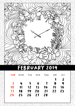 Christmas wreath clock, coloring book page calendar. Merry Christmas and Happy New Year calendar to second month of winter February 2019. Mono outline doodle style.の写真素材