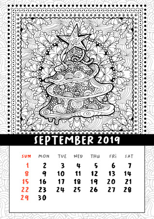 Christmas tree doodle pattern, calendar september 2019. Traditional Christmas and New Year symbol in coloring book poster layout. Handdrawn festive illustration in line art style.の写真素材