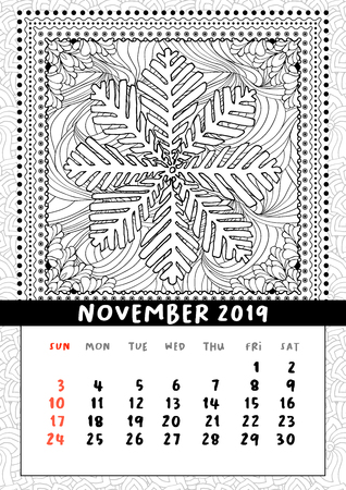 Snowflake coloring book page, calendar November 2019. Handdraw doodle illustration in square frame. Black and white line art poster.の写真素材