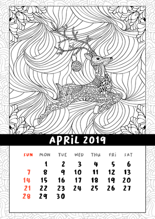 Christmas deer calendar, calendar april 2019 year. Coloring book poster for adults and kids with traditional holiday symbol reindeer with ball.の写真素材