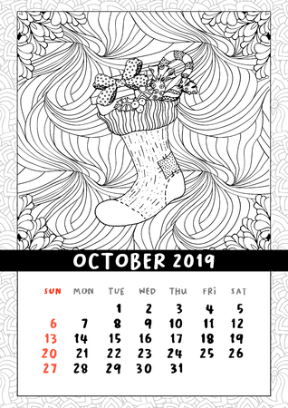 Christmas sock with gifts, calendar October 2019. Traditional Christmas symbol in coloring book page format. Handdrawn festive illustration in outline style.の写真素材