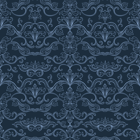 Damask Vector Seamless Pattern. Vintage Style Wallpaper, Carpet or Wrapping Paper Design. Blue Italian Medieval Floral Flourishes, Greek Flowers for Textures. Baroque Leaves for Scrapbookingのイラスト素材
