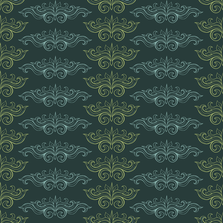 Damask Vector Seamless Pattern. Vintage Style Wallpaper, Carpet or Wrapping Paper Design. Green and Gold Italian Medieval Floral Flourishes, Greek Flowers for Textures. Baroque Leavesのイラスト素材