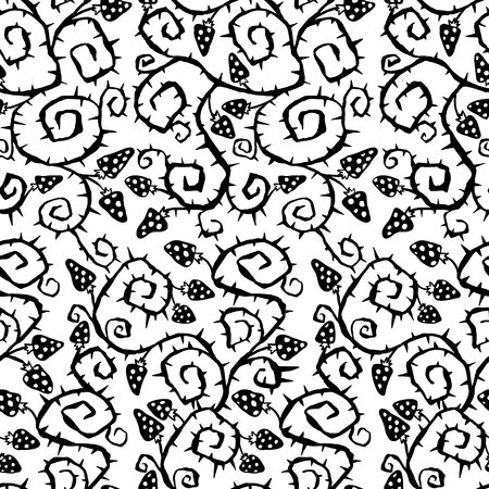 Monochrome Halloween Black and White Vector Seamless Pattern with Barbed Spike Plant and Amanita muscaria Mushrooms. Ready for print in fabric textile designの写真素材