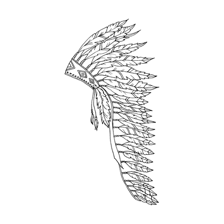American Warbonnet Outline Drawing. Eagle Feather hat coloring page fashion accessory. Native Indian Headdress. Thanksgiving and Halloween Vector Costume Illustration.の写真素材