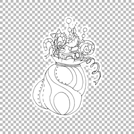 Christmas gifts bag vector linear illustration. Xmas, New Year presents hand drawn clipart. Black and white sticker on transparent background. Winter holidays coloring book isolated design elementの写真素材