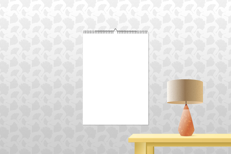 Calendar binder mockup vertical on patterned wall background. Spiral bound calendar template for your advertising design. Room interior designの写真素材