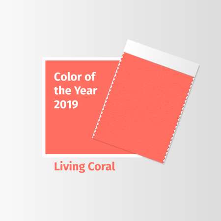 Fabric samples, textile swatch template for interior design mood board with Living Coral 2019 Color of the year. Trendy color palette, red piece of fabric. Vector illustration for blog postsのイラスト素材