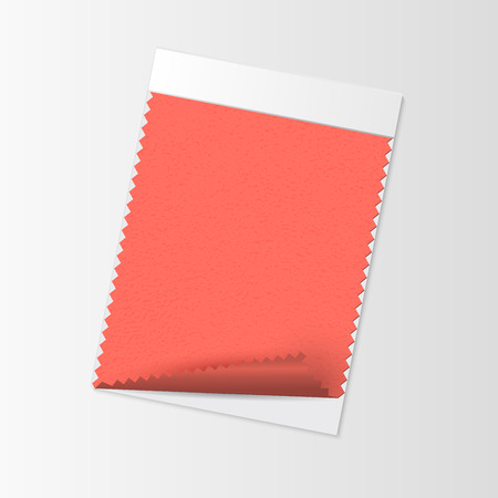 Fabric sample, textile swatch template for interior design mood board with Living Coral 2019 Color of the year. Trendy color palette, red piece of fabric. Vector illustration for advertisingのイラスト素材