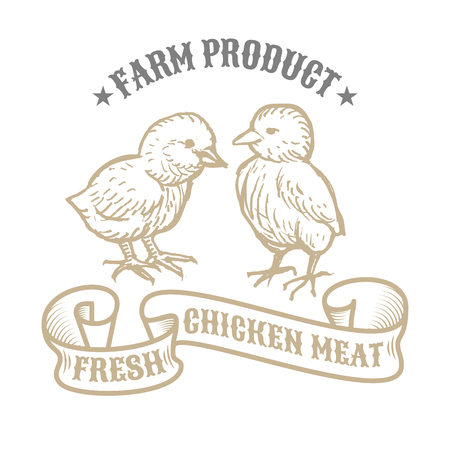 Isolated vintage golden and royal emblem of farm animal. Fresh and tasty Chicken meat. Butchery products market. Hand made illustration and lettering. Concept template for brandingのイラスト素材