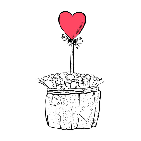 Coffee pot with red heart on stick. Sketch monochrome illustration. Handmade coffee beans pot with heart. Valentines Day gift concept. Love day postcards line art design. Isolated vectorのイラスト素材
