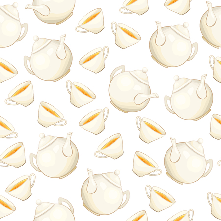 Tea or Coffee Seamless Pattern with Porcelain Teapot and Tea cup in Flat Style. Ready to Print on Fabric Textile, Tablecloth or Paper Gift Wrapping and Scrapbookingのイラスト素材
