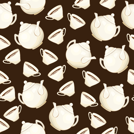 Tea or Coffee Seamless Pattern with Porcelain Teapot and Tea cup in Flat Style. Ready to Print on Fabric Textile, Tablecloth or Paper Gift Wrapping and Scrapbookingのイラスト素材