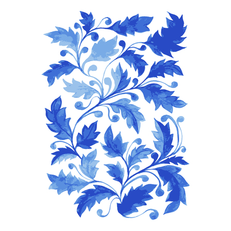 Traditional Blue Portugal Azulejo Poster, Vertical Vector Ornamental Artwork with Watercolor Leaves, Curls and Foliage.のイラスト素材