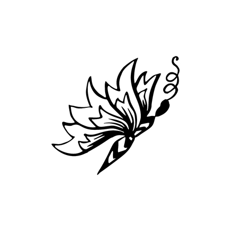 Butterflies coloring book page, contour line marker brush. Flying hand drawn insect. With curl ornaments and decoration. Poster, logo, typography design element.のイラスト素材
