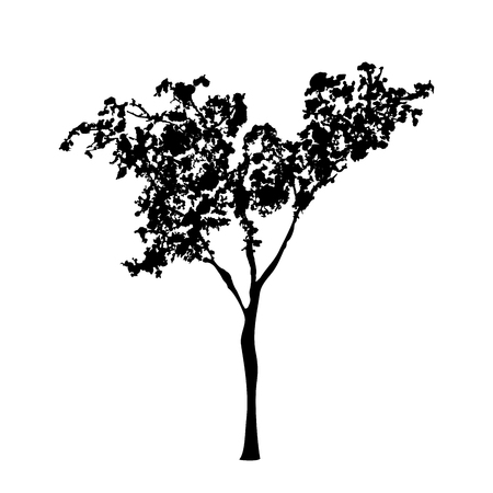 Green tree silhouette, handdrawn watercolor splashes, isolated on white background. Vector artistic illustrationのイラスト素材