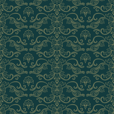 Damask Vector Seamless Pattern. Vintage Style Wallpaper, Carpet or Wrapping Paper Design. Green and Gold Italian Medieval Floral Flourishes, Greek Flowers for Textures. Baroque Leavesのイラスト素材