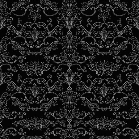 Damask Vector Seamless Pattern. Vintage Style Wallpaper, Carpet or Wrapping Paper Design. Black and Gold Italian Medieval Floral Flourishes, Greek Flowers for Textures. Baroque Leavesのイラスト素材