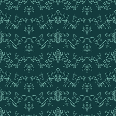 Damask Vector Seamless Pattern. Vintage Style Wallpaper, Carpet or Wrapping Paper Design. Natural Green Italian Medieval Floral Flourishes, Greek Flowers for Textures. Baroque Leavesのイラスト素材