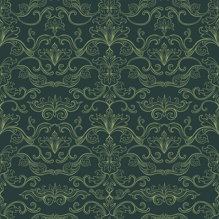 Damask Vector Seamless Pattern. Vintage Style Wallpaper, Carpet or Wrapping Paper Design. Green and Golden Italian Medieval Floral Flourishes, Greek Flowers for Textures. Baroque Leavesのイラスト素材