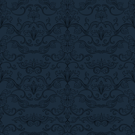 Damask Vector Seamless Pattern. Vintage Style Wallpaper, Carpet or Wrapping Paper Design. Blue Italian Medieval Floral Flourishes, Greek Flowers for Textures. Baroque Leaves for Scrapbooking.のイラスト素材