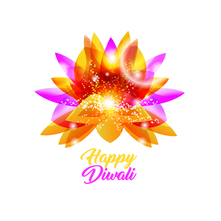 Happy Diwali Indian Vector Flower. Pink, Yellow and Orange Shiny Gradients. Isolated Design Element with Lights and Petalsのイラスト素材