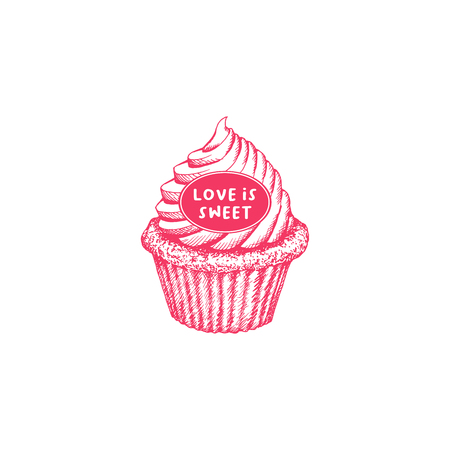 Valentines Day Cupcake Greeting Card or Poster with Sketch. Laser Cutting File Isolated on White Background. Vector Engraved with Lettering Wishes Love Is Sweetのイラスト素材