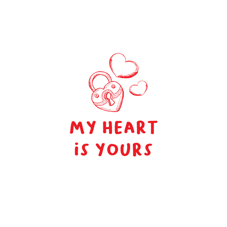 Valentines Day Lock Heart Greeting Card or Poster with Sketch. Laser Cutting File Isolated on White Background. Vector Engraved with Lettering Wishes Love Youのイラスト素材