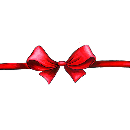 Bow hand drawn raster illustration. Realistic red ribbon knot drawing. Bowknot clipart. Cartoon hair accessory. Isolated color bow-tie. Gift packaging. Banner, poster, greeting card design elementの写真素材