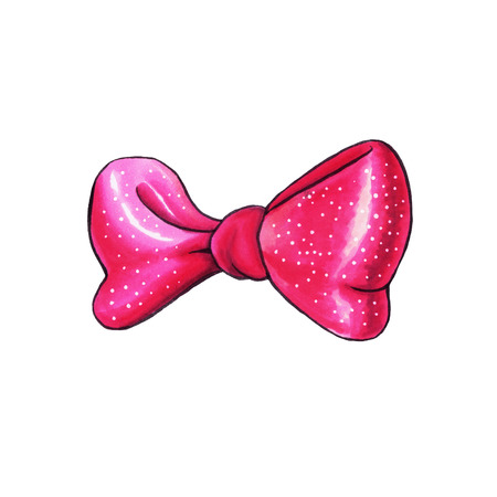 Pink Ribbon knot handdrawn raster illustration. Realistic purple gift bow drawing. Bowknot clipart. Cartoon bow-tie. Isolated color hairpin. Doodle hair accessory. Banner, greeting card design elementの写真素材