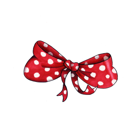 Ribbon knot handdrawn raster illustration. Realistic red polka dots gift bow drawing. Bowknot clipart. Cartoon bow-tie. Isolated color hairpin. Doodle hair accessory. Banner, poster, greeting card design elementの写真素材