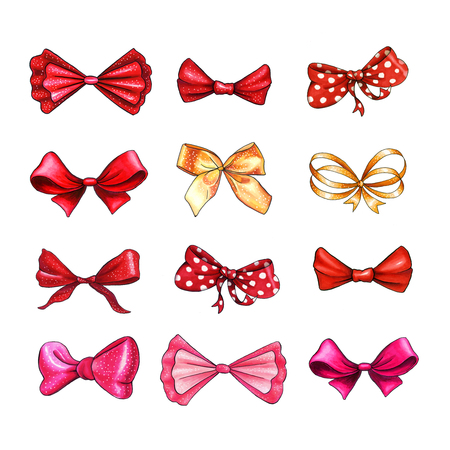 Bow hand drawn raster illustrations set. Realistic red, golden, pink and purple ribbon knots drawing. Bowknot cliparts. Hair accessories. Isolated color bow-tie. Banner, greeting card design elementの写真素材