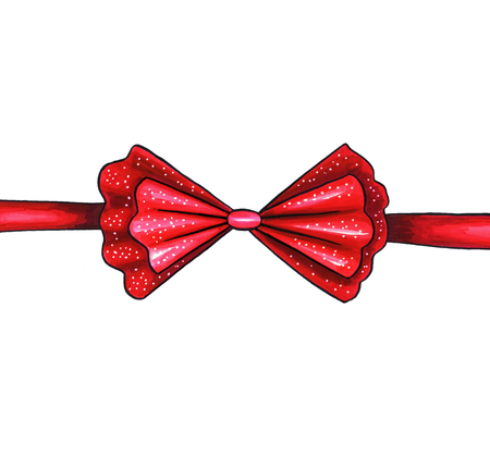 Bow hand drawn raster illustration. Realistic red ribbon knot drawing. Bowknot clipart. Cartoon hair accessory. Isolated color bow-tie. Gift packaging. Banner, poster, greeting card design elementの写真素材