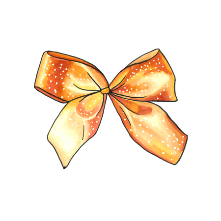 Golden Ribbon knot handdrawn raster illustration. Realistic gold gift bow drawing. Bowknot clipart. Cartoon bow-tie. Isolated color hairpin. Doodle hair accessory. Banner, greeting card design elementの写真素材