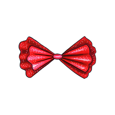 Ribbon knot handdrawn raster illustration. Realistic red gift bow drawing. Bowknot clipart. Cartoon bow-tie. Isolated color hairpin. Doodle hair accessory. Banner, poster, greeting card design elementの写真素材