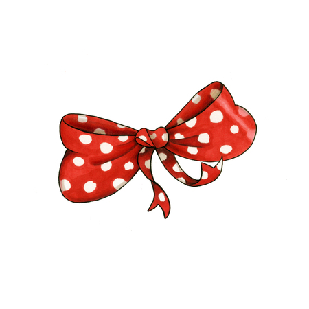 Ribbon knot handdrawn raster illustration. Realistic red polka dots gift bow drawing. Bowknot clipart. Cartoon bow-tie. Isolated color hairpin. Doodle hair accessory. Banner, poster, greeting card design elementの写真素材