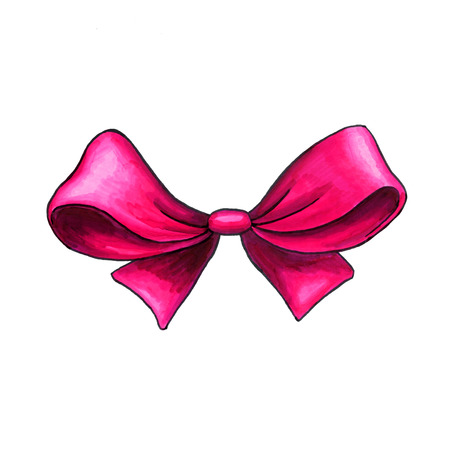 Pink Ribbon knot handdrawn raster illustration. Realistic purple gift bow drawing. Bowknot clipart. Cartoon bow-tie. Isolated color hairpin. Doodle hair accessory. Banner, greeting card design elementの写真素材