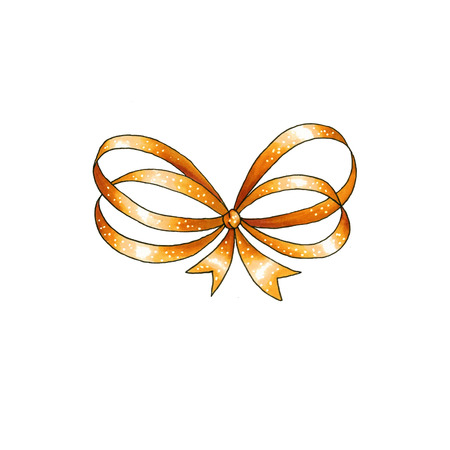 Golden Ribbon knot handdrawn raster illustration. Realistic gold gift bow drawing. Bowknot clipart. Cartoon bow-tie. Isolated color hairpin. Doodle hair accessory. Banner, greeting card design elementの写真素材