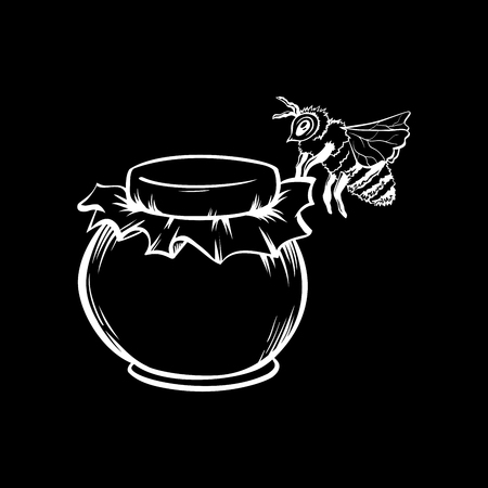 Honey Bee, Outline Logo Design. White Chalk Contour on the Black Chalkboard Background.のイラスト素材