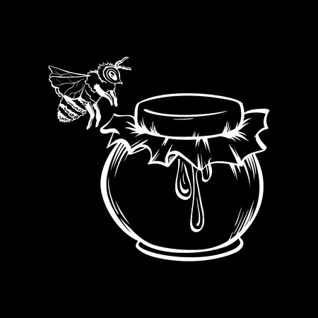 Honey Bee and Honey Jar, Outline Logo Design. White Chalk Contour on the Black Chalkboard Background.のイラスト素材