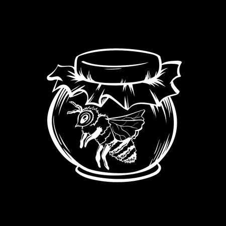 Honey Bee and Honey Jar, Outline Logo Design. White Chalk Contour on the Black Chalkboard Background.のイラスト素材