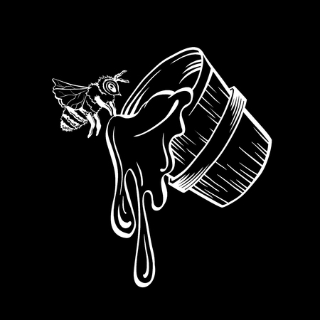 Honey Bucket and Bee, Outline Logo Design. White Chalk Contour on the Black Chalkboard Background.のイラスト素材