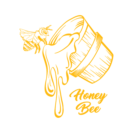 Honey Bucket and Bee, Outline Logo Design. Isolated Vector. Yellow Engraved Element. Vintage Style Illustration of Flying Wasp and Honey Dropのイラスト素材
