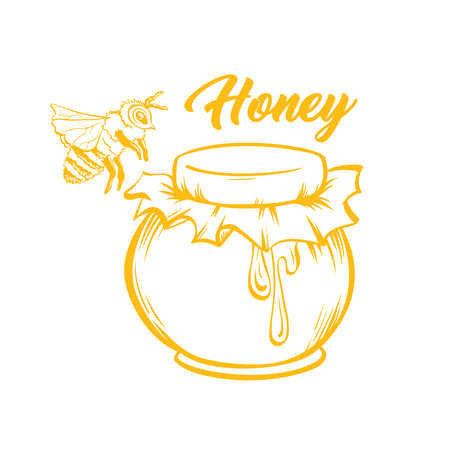 Honey and Bee, Outline Logo Design. Isolated Vector. Yellow Engraved Element. Vintage Style Illustration of Flying Wasp and Honey Dropのイラスト素材