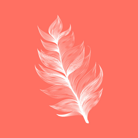Isolated falling Living Coral color fluffy feather in realistic style. Lightweight Furry Fuzz Icon Design. Vector Graphic Bird Wing Elementのイラスト素材