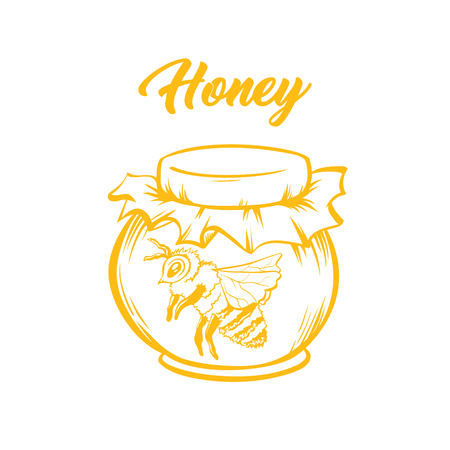 Honey Bee, Outline Logo Design. Isolated Vector. Yellow Engraved Element. Vintage Style Illustration of Flying Waspのイラスト素材